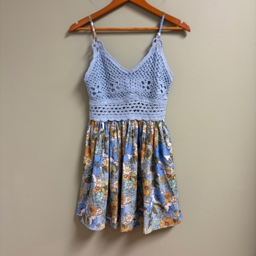Womens Crochet Mini Dress Size M‎ Mixed Media Cottage Festival Floral Y2K Boho